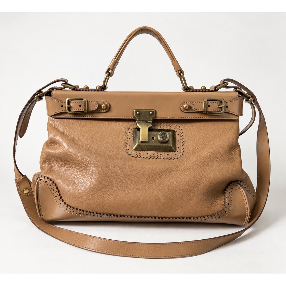 Tod's Shoulder Bag Leather Brogue Top Handle Broque Made in Italy Tan